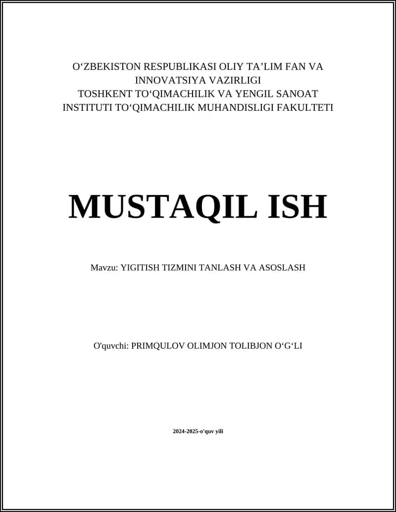 YIGITISH TIZMINI TANLASH VA ASOSLASH