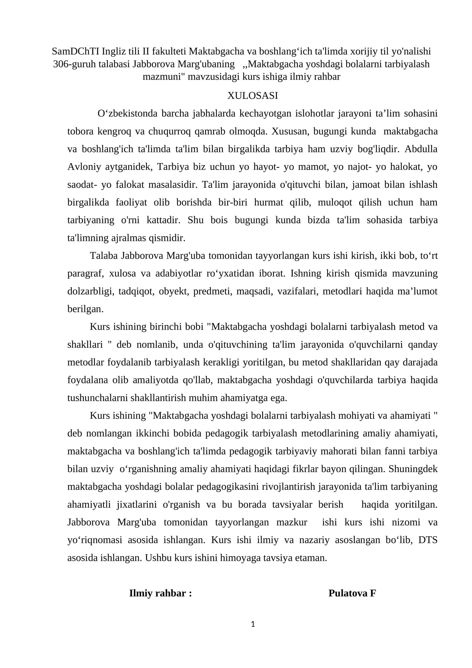 "Maktabgacha yoshdagi bolalarni tarbiyalash mazmuni" kurs ishi