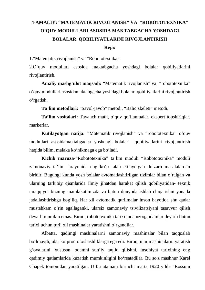 4-AMALIY: “MATEMATIK RIVOJLANISH” VA “ROBOTOTEXNIKA” O‘QUV MODULLARI ASOSIDA MAKTABGACHA YOSHDAGI BOLALAR QOBILIYATLARINI RIVOJLANTIRISH
