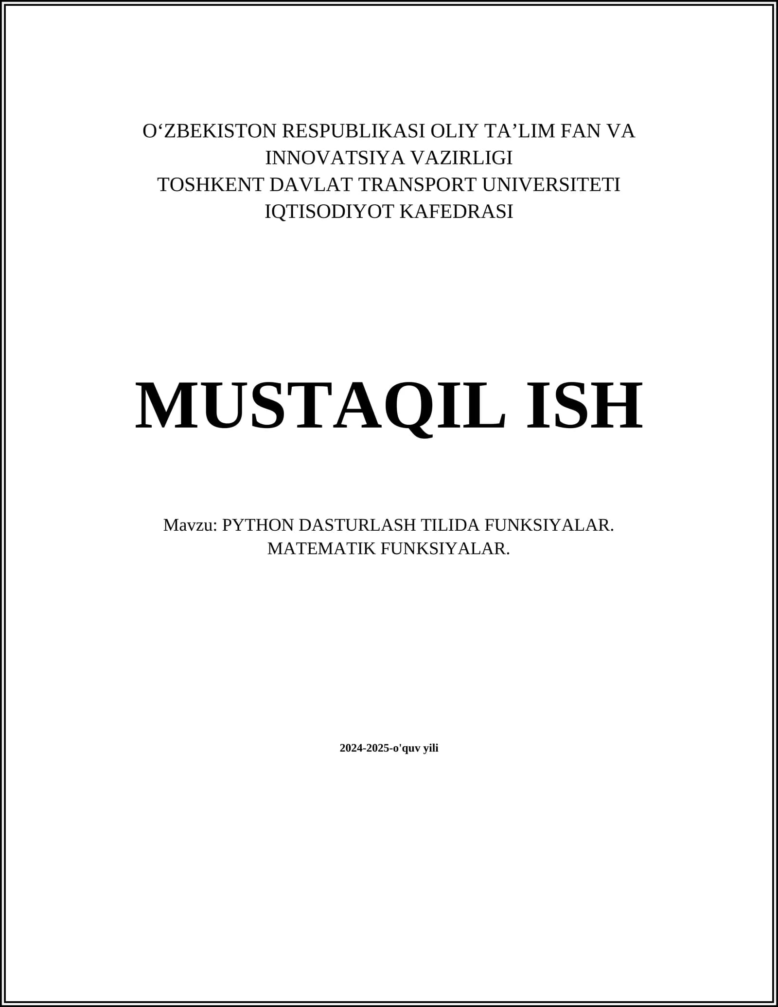 PYTHON DASTURLASH TILIDA FUNKSIYALAR