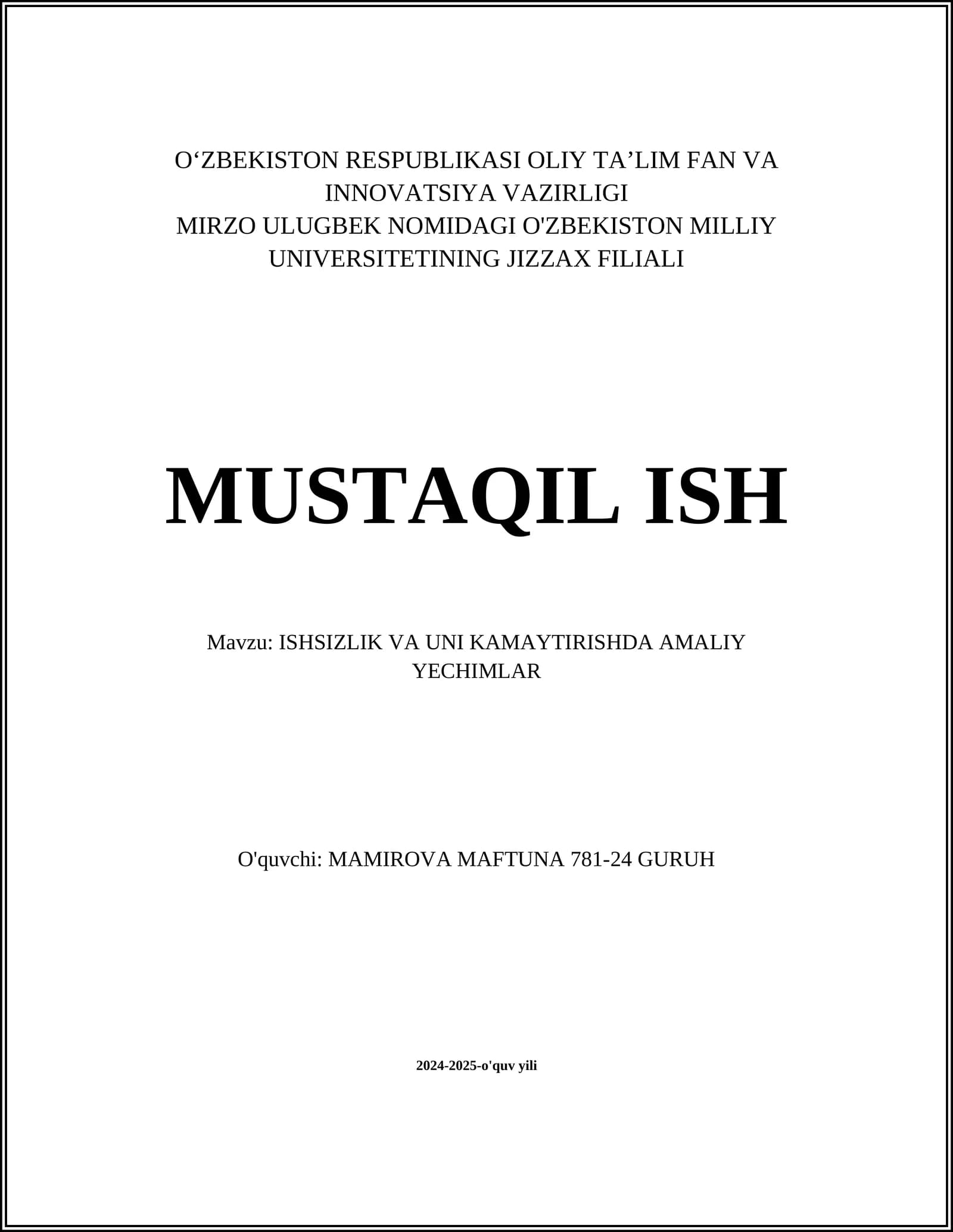 ISHSIZLIK VA UNI KAMAYTIRISHDA AMALIY YECHIMLAR
