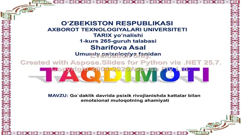 Go`daklik davrida psixik rivojlanishda kattalar bilan emotsional muloqotning ahamiyati