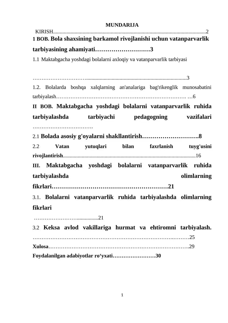 Bola shaxsining barkamol rivojlanishi uchun vatanparvarlik tarbiyasining ahamiyati