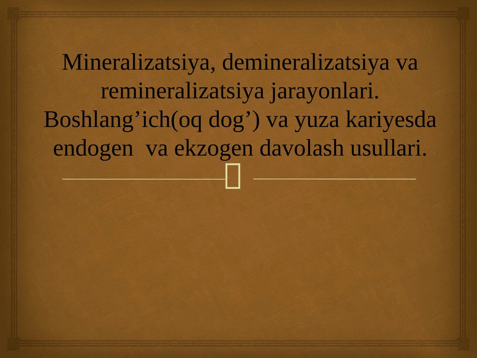 Mineralizatsiya, demineralizatsiya va remineralizatsiya jarayonlari. Boshlang’ich(oq dog’) va yuza kariyesda endogen  va ekzogen davolash usullari.