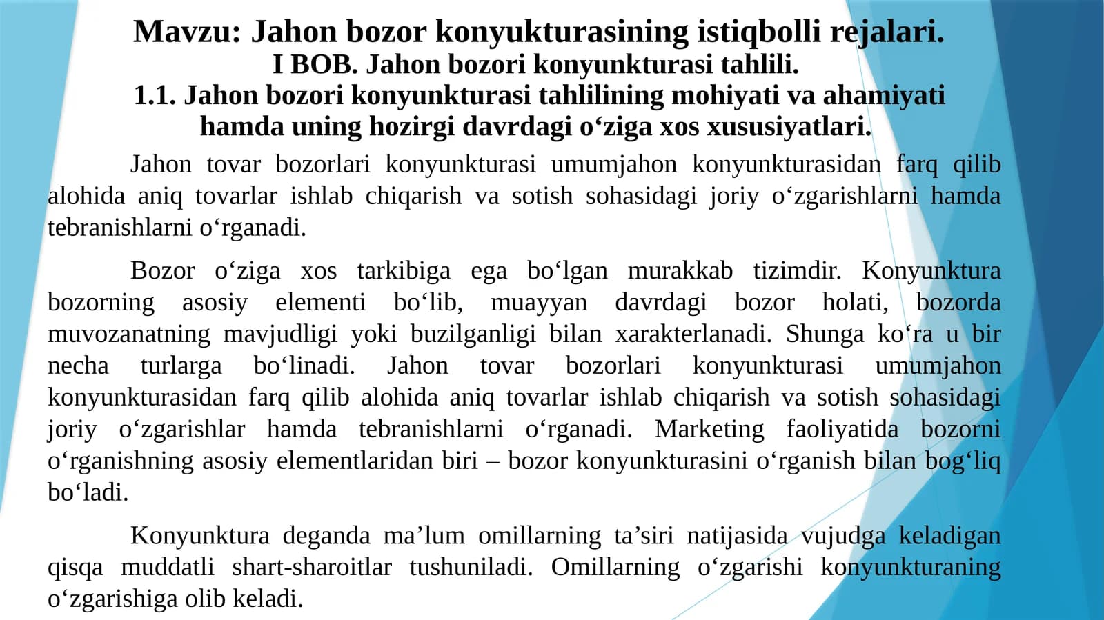 Jahon bozor konyukturasining istiqbolli rejalari