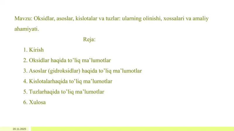 Oksidlar, asoslar, kislotalar va tuzlar haqida to'liq ma'lumotlar