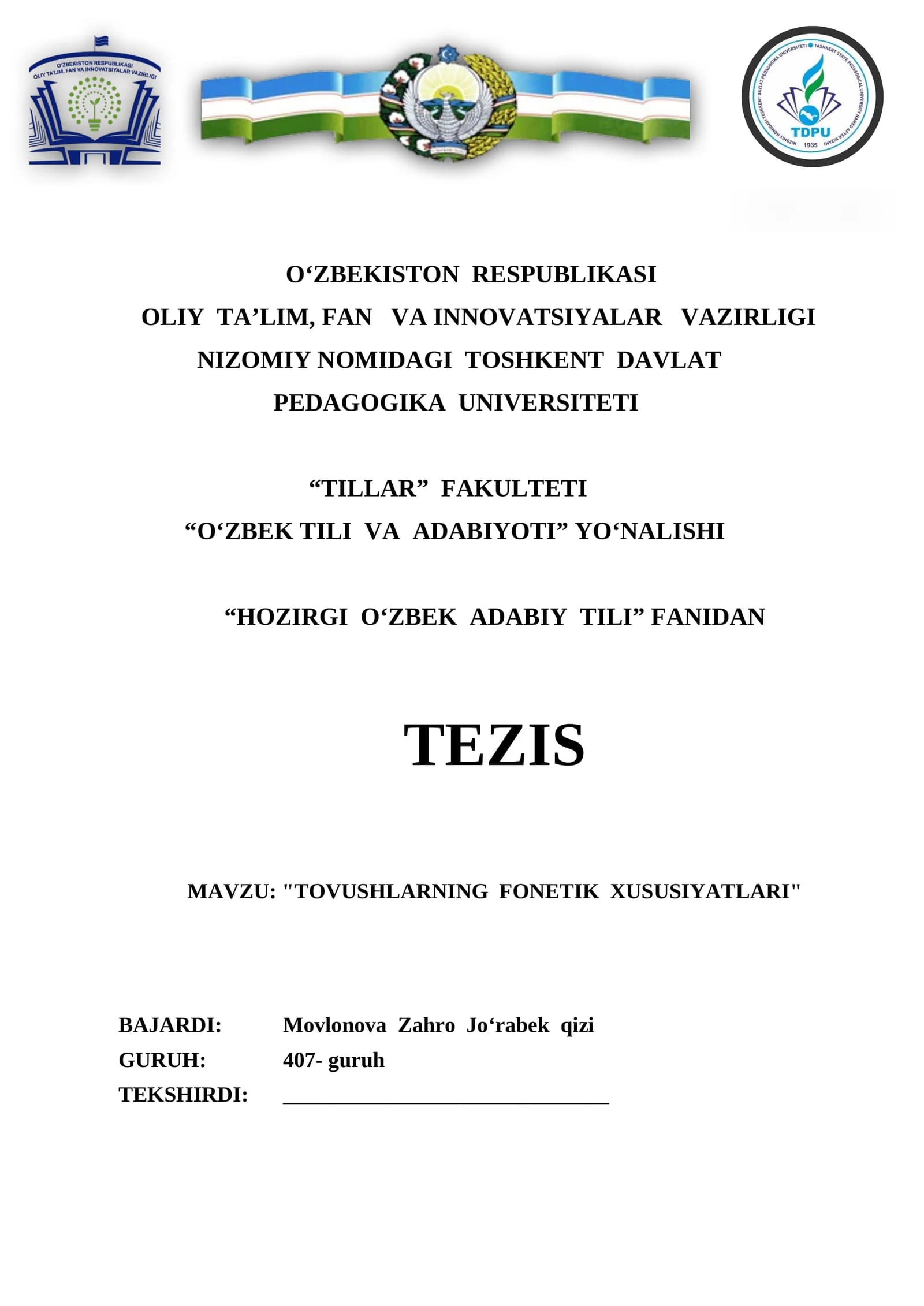 TOVUSHLARNING FONETIK XUSUSIYATLARI