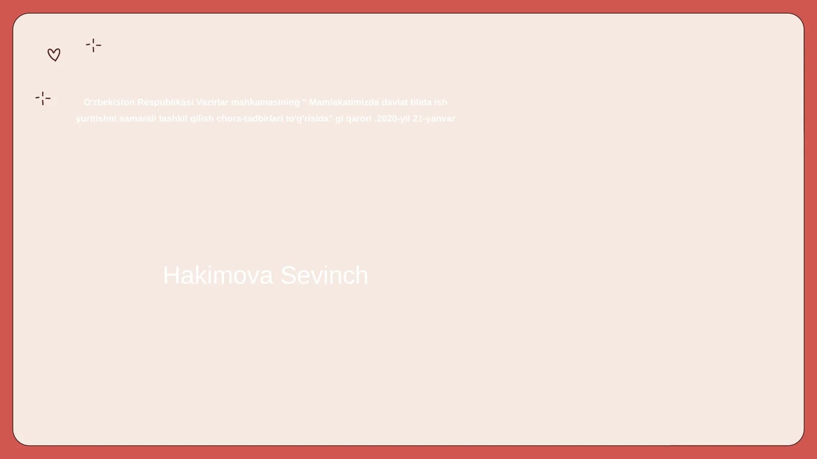 O'zbekiston Respublikasi Vazirlar mahkamasining " Mamlakatimizda davlat tilida ish yuritishni samarali tashkil qilish chora-tadbirlari to'g'risida" gi qarori.2020-yil 21-yanvar