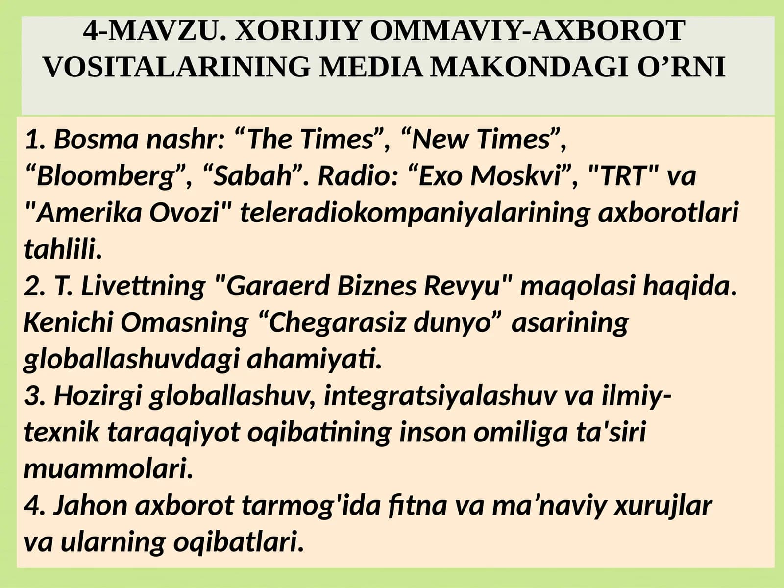 XORIJIY OMMAVIY-AXBOROT VOSITALARINING MEDIA MAKONDAGI O’RNI