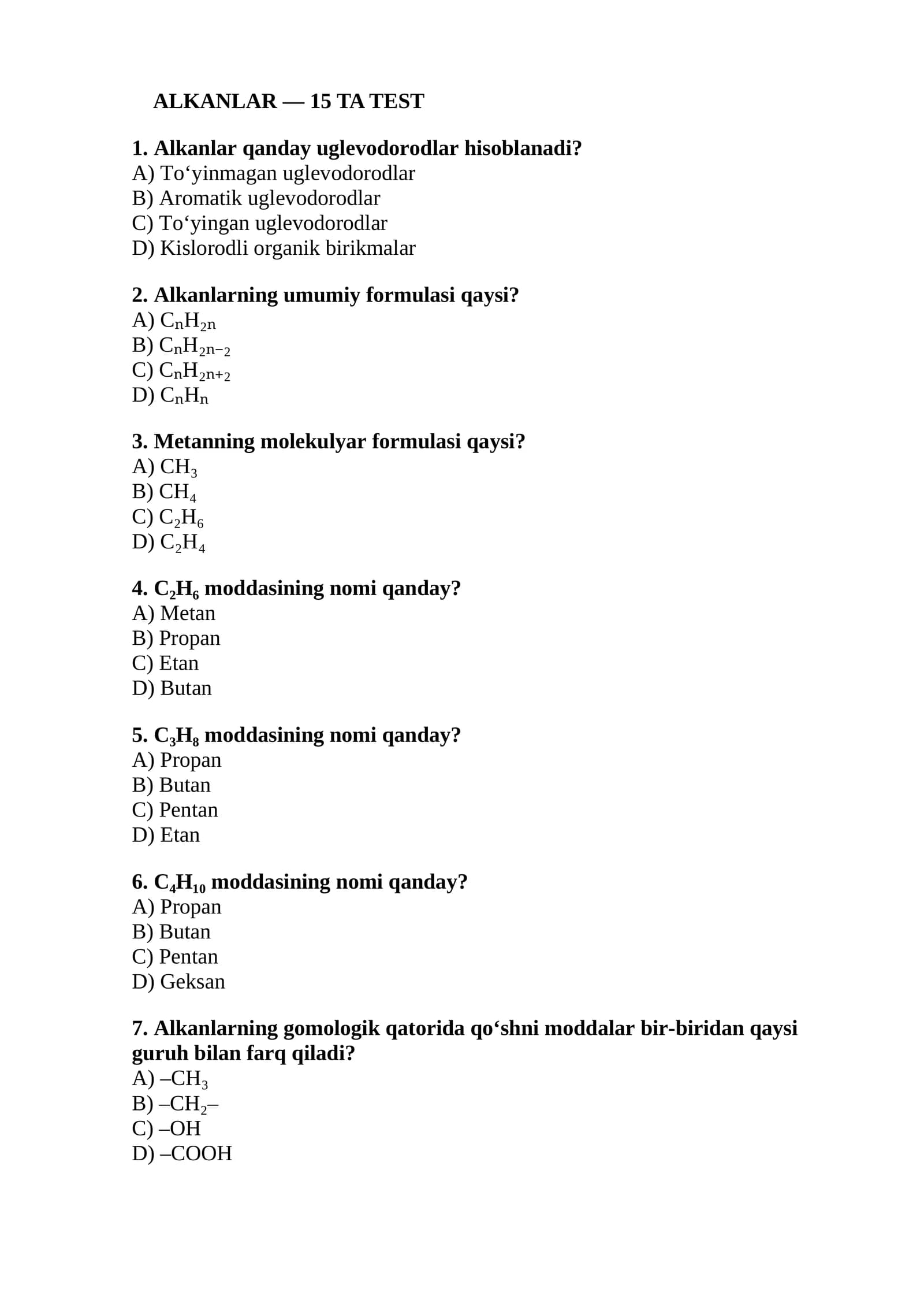Alkanlar — 15 Ta test