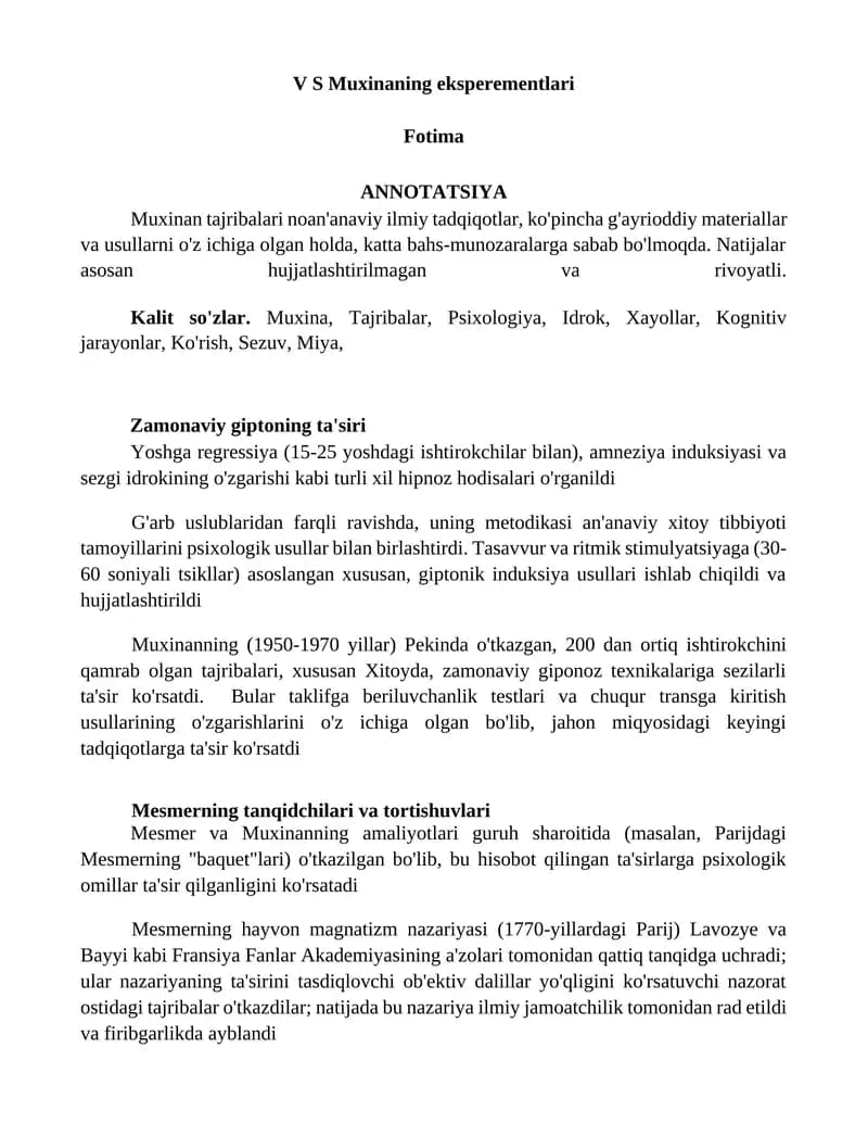 Muxinaning eksperementlari