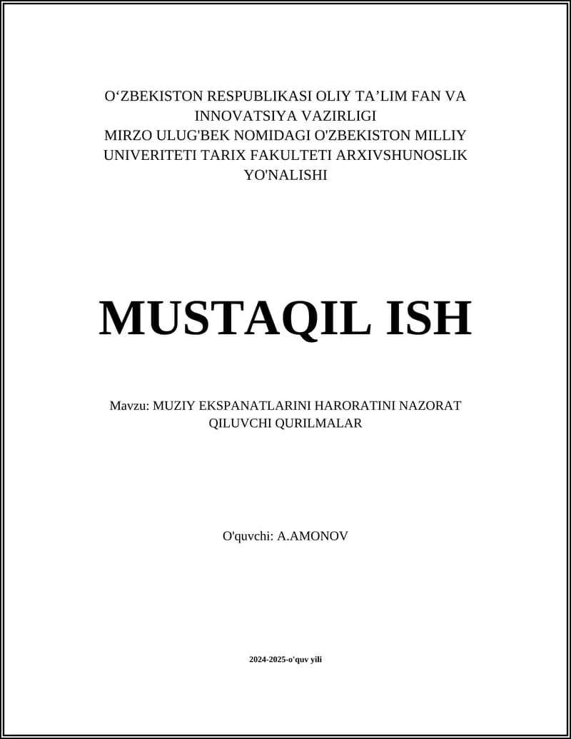MUZIY EKSPANATLARINI HARORATINI NAZORAT QILUVCHI QURILMALAR
