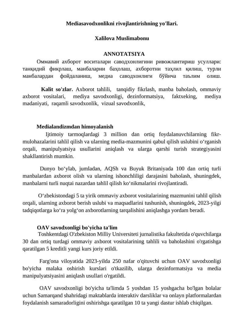 Mediasavodxonlikni rivojlantirishning yo'llari