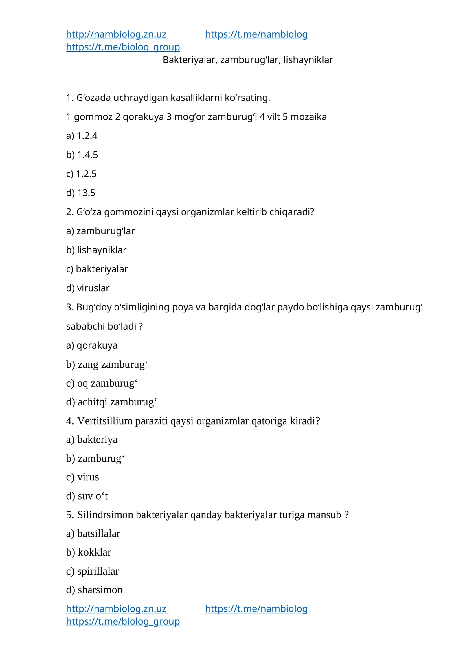 Biologiya Test Savollari