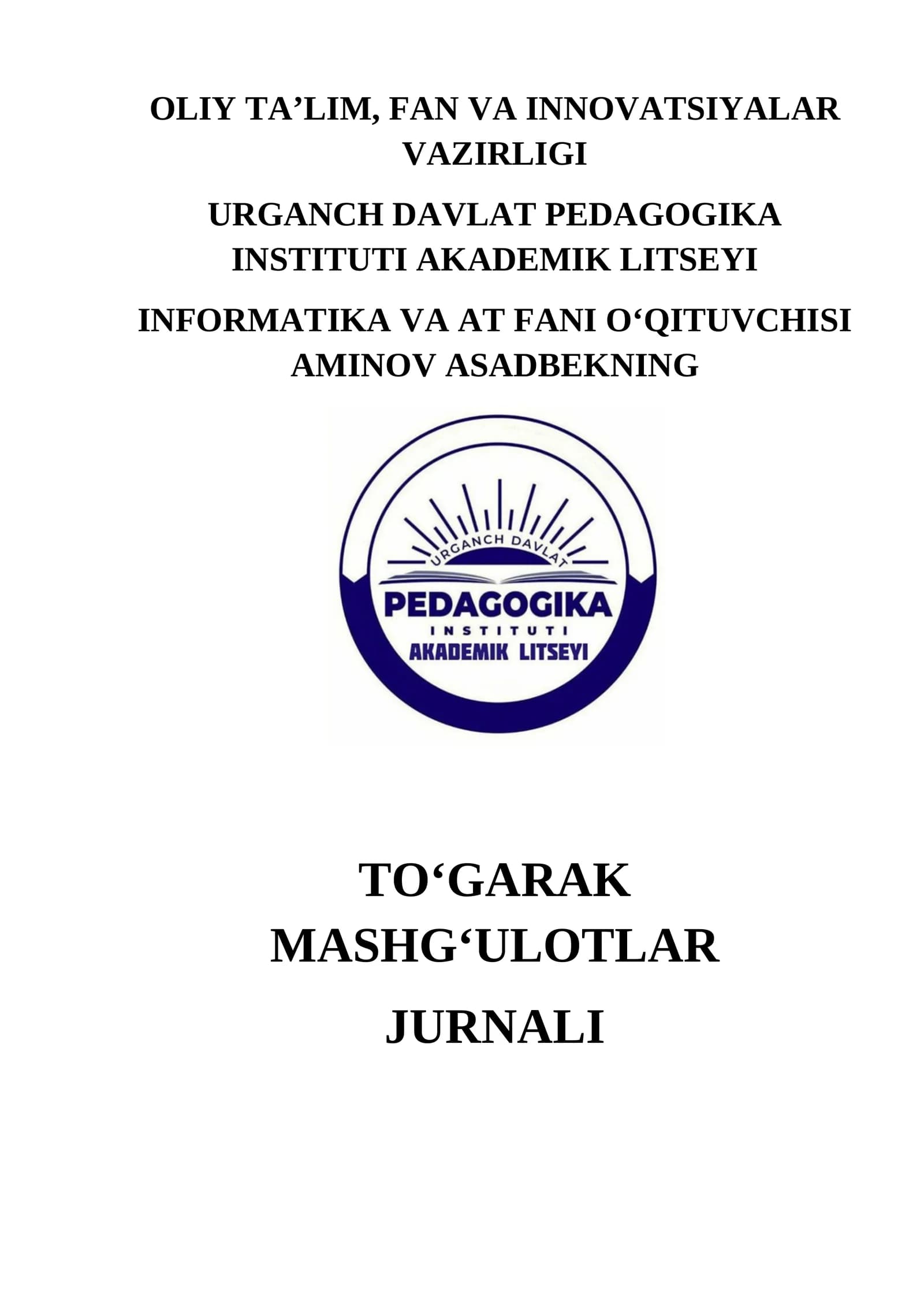 TOʻGARAK MASHGʻULOTLAR JURNALI