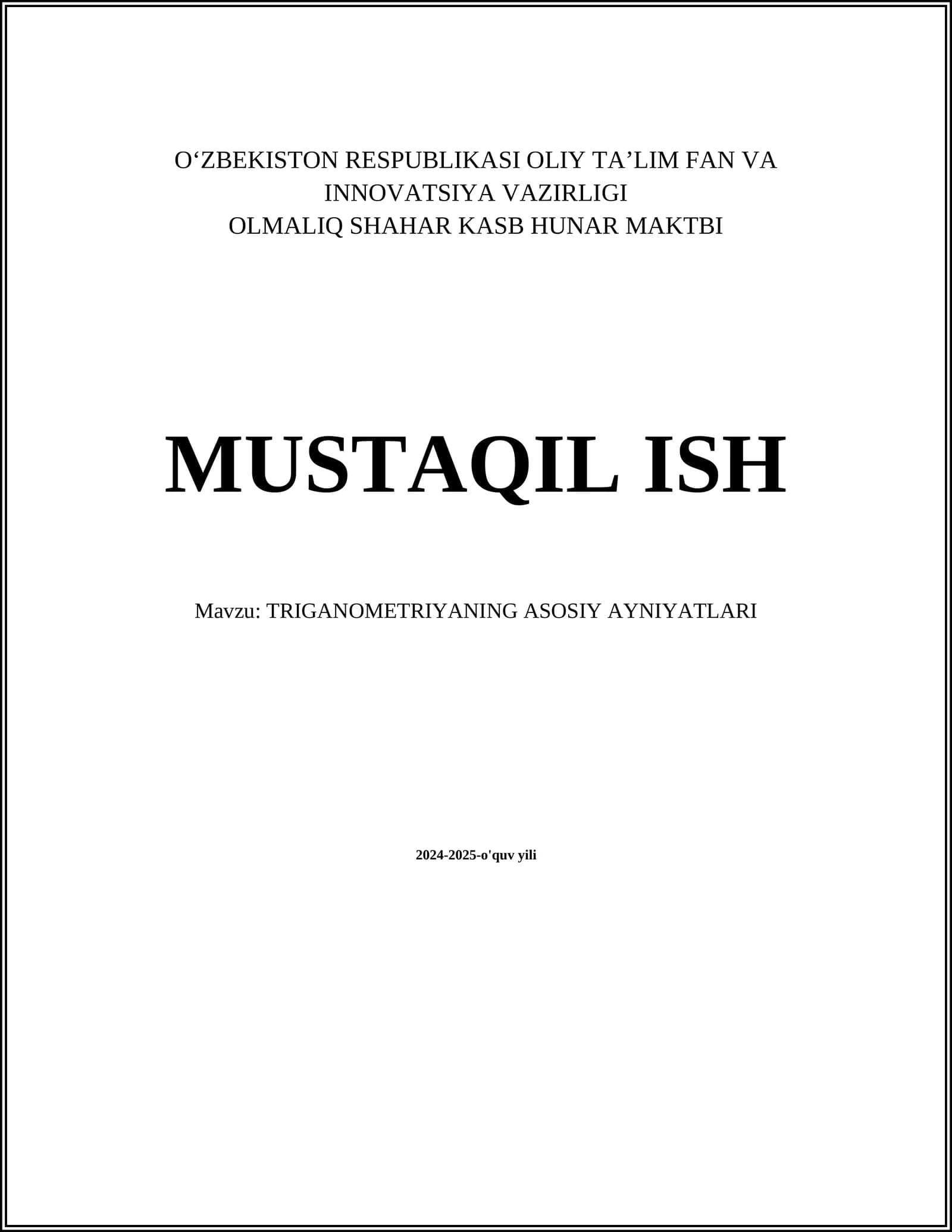 TRIGANOMETRIYANING ASOSIY AYNIYATLARI