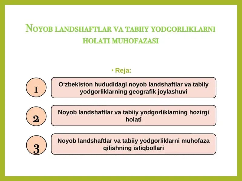 Noyob landshaftlar va tabiiy yodgorliklarni holati muhofazasi