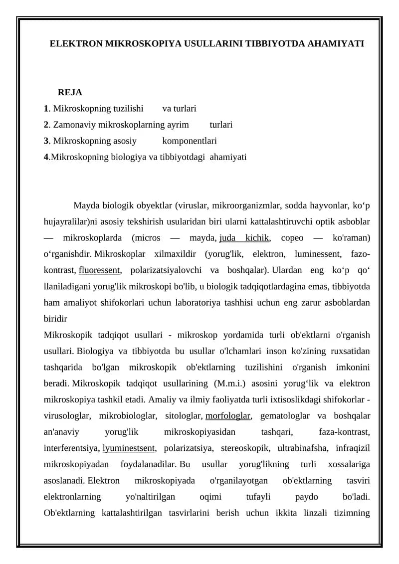 ELEKTRON MIKROSKOPIYA USULLARINI TIBBIYOTDA AHAMIYATI