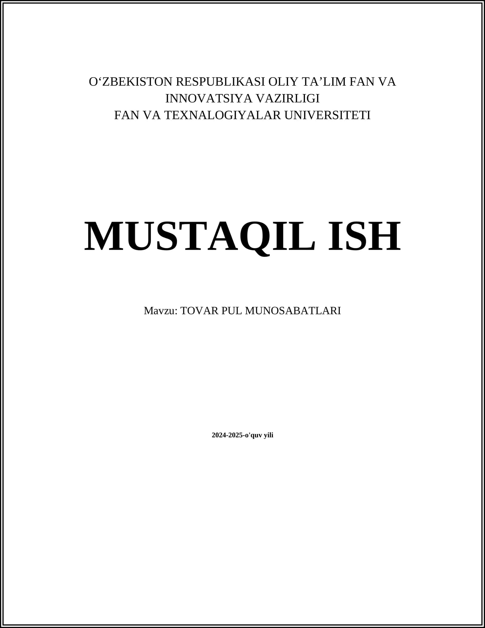 TOVAR PUL MUNOSABATLARI