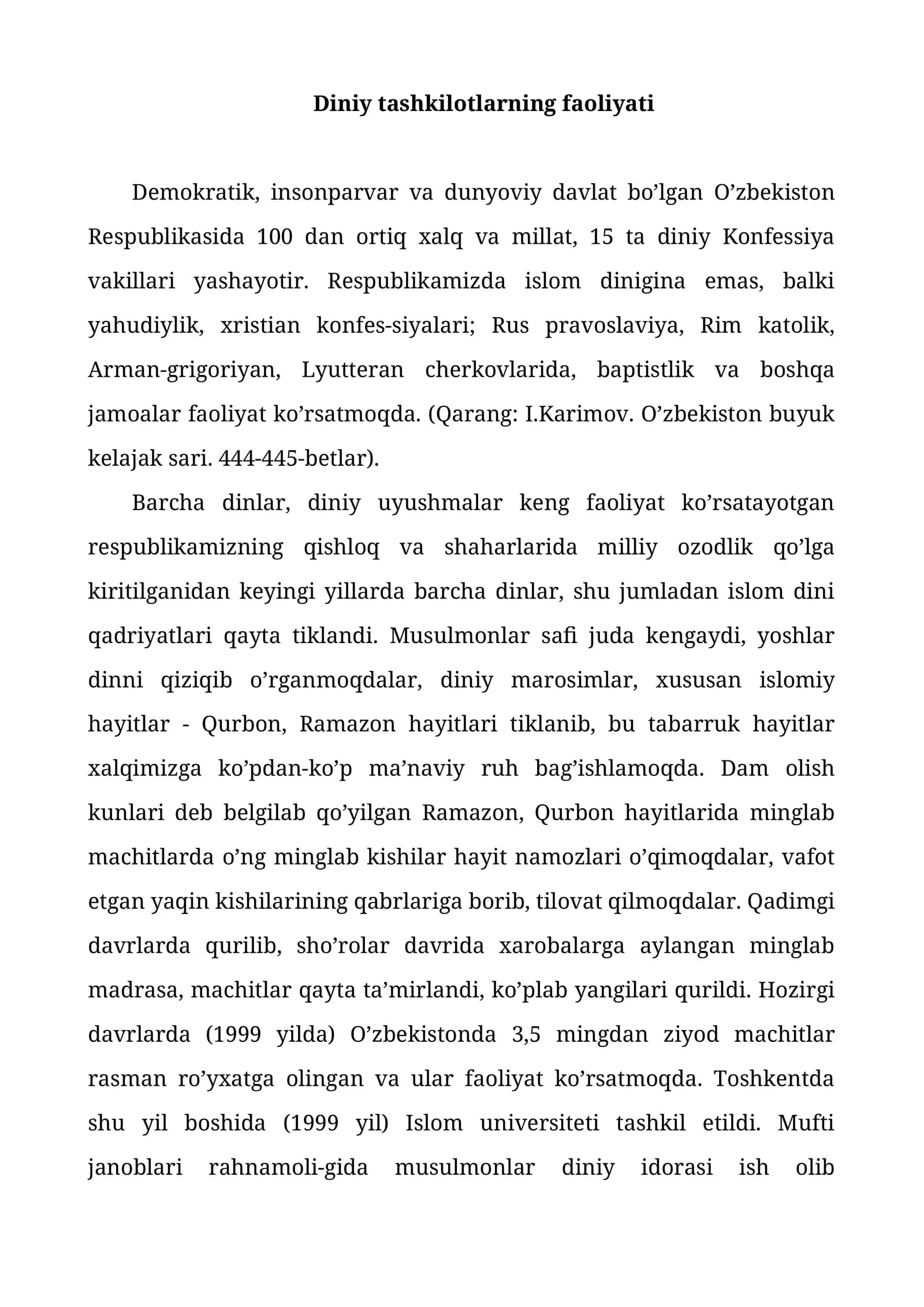 Diniy tashkilotlarning faoliyati