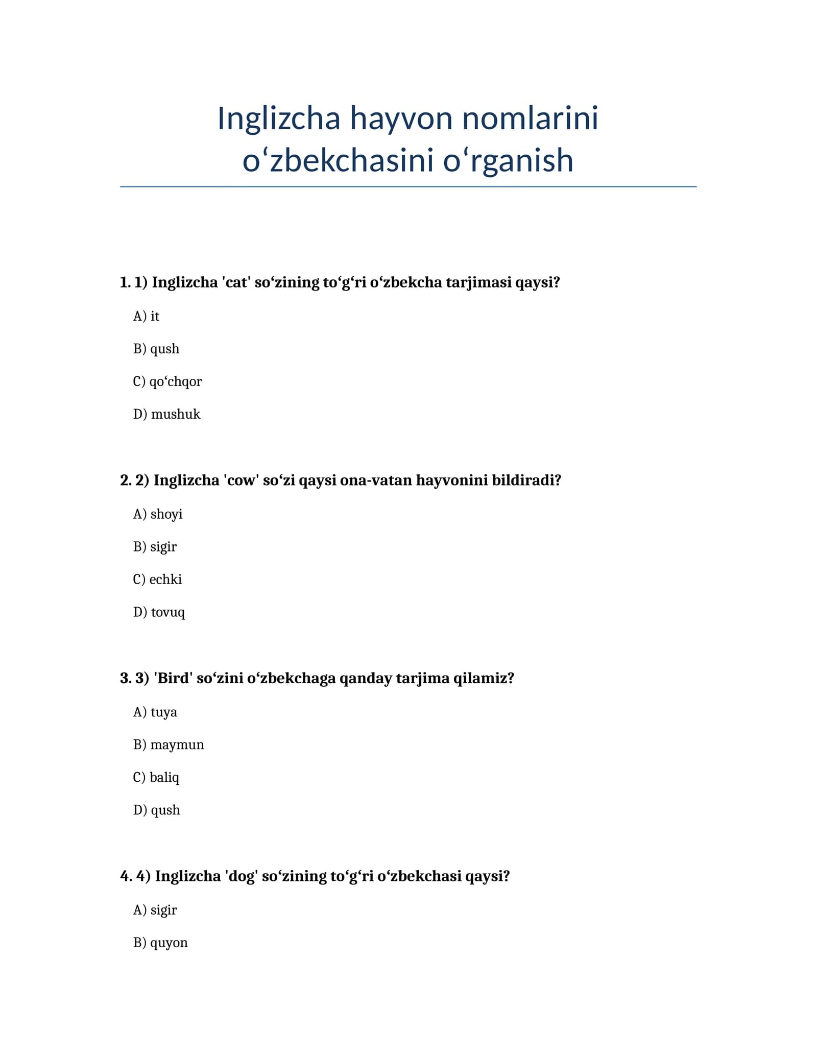 Inglizcha hayvon nomlarini oʻzbekchasini oʻrganish