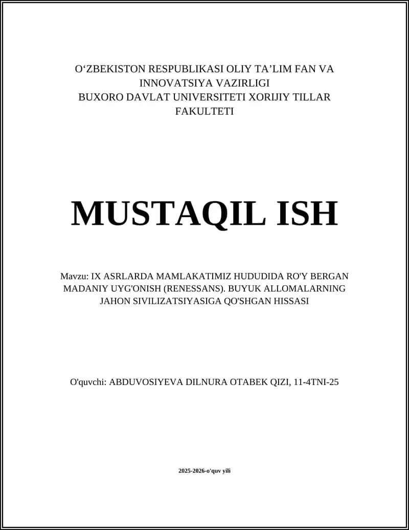 IX ASRLARDA MAMLAKATIMIZ HUDUDIDA RO'Y BERGAN MADANIY UYG'ONISH (RENESSANS)