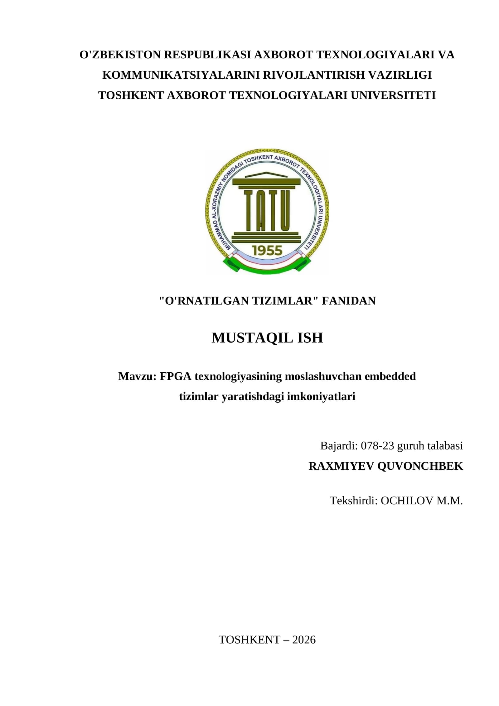 FPGA texnologiyasining moslashuvchan embedded tizimlar yaratishdagi imkoniyatlari