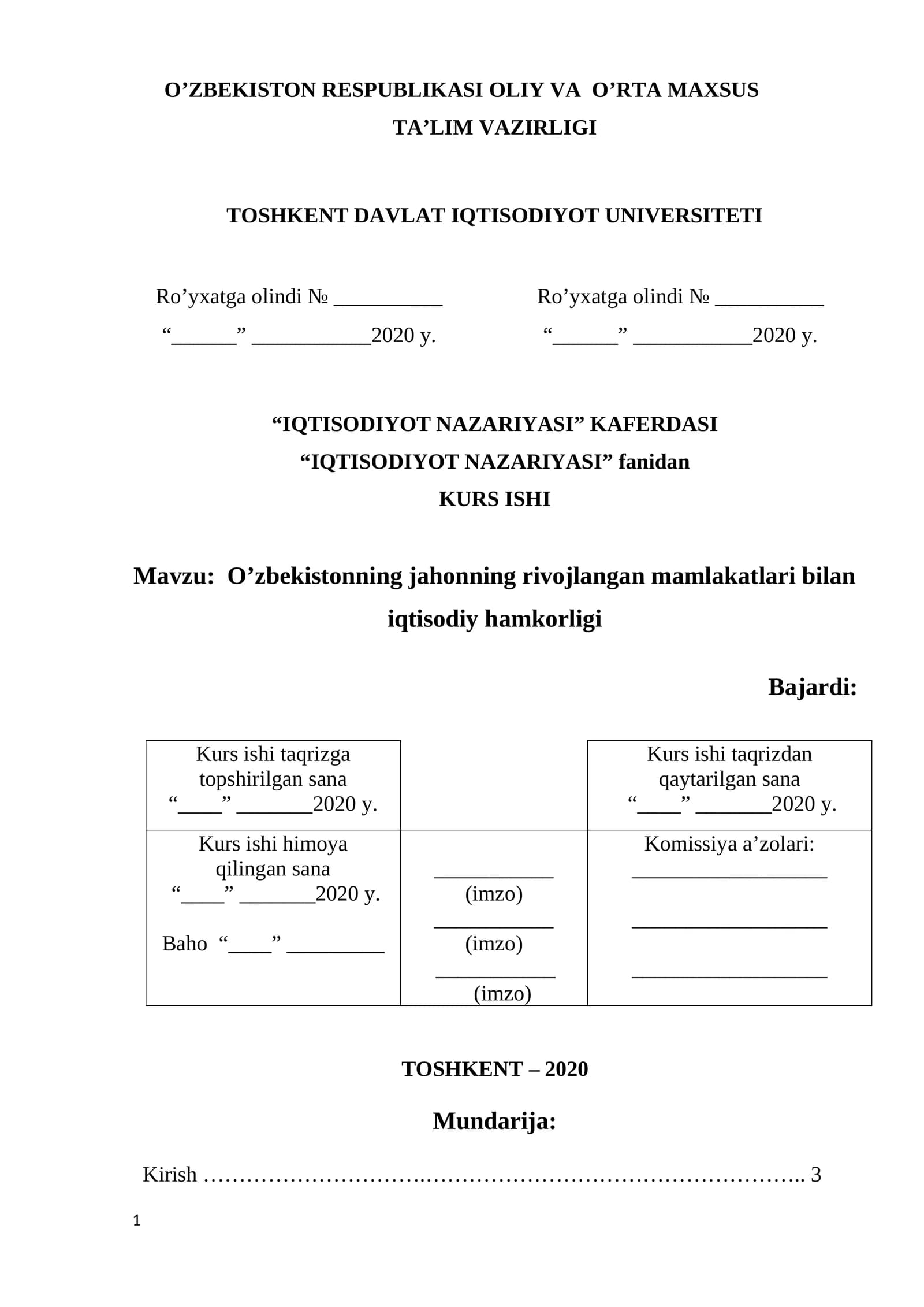 KURS ISHI - O’zbekistonning jahonning rivojlangan mamlakatlari bilan iqtisodiy hamkorligi