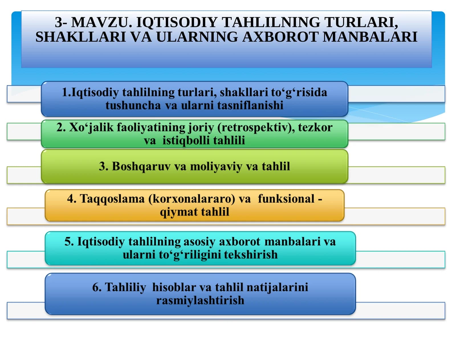 IQTISODIY TAHLILNING TURLARI, SHAKLLARI VA ULARNING AXBOROT MANBALARI