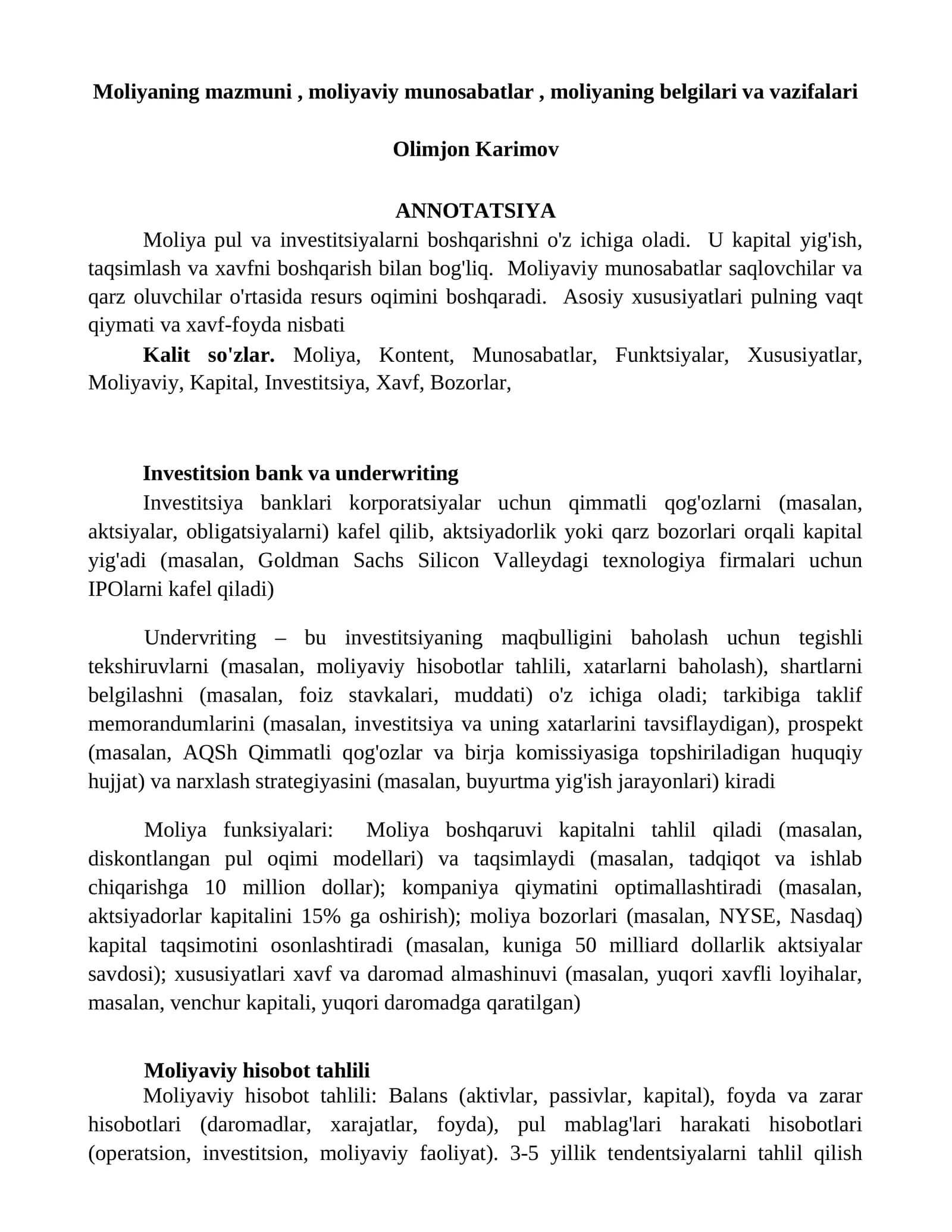 Investitsion bank va underwriting