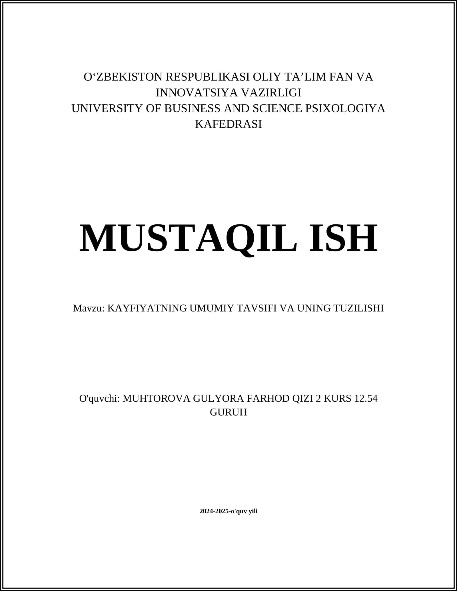 KAYFIYATNING UMUMIY TAVSIFI VA UNING TUZILISHI