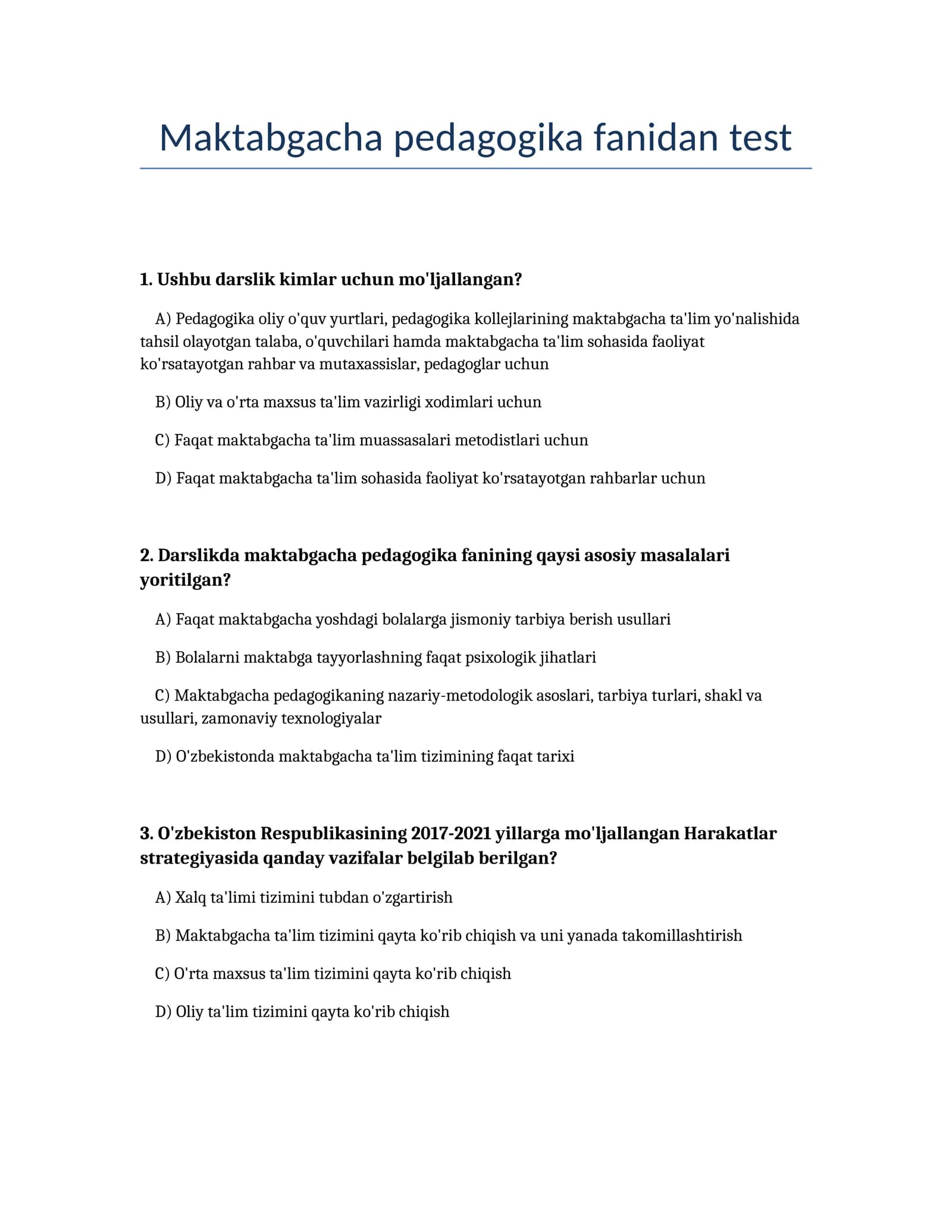 Maktabgacha pedagogika fanidan test