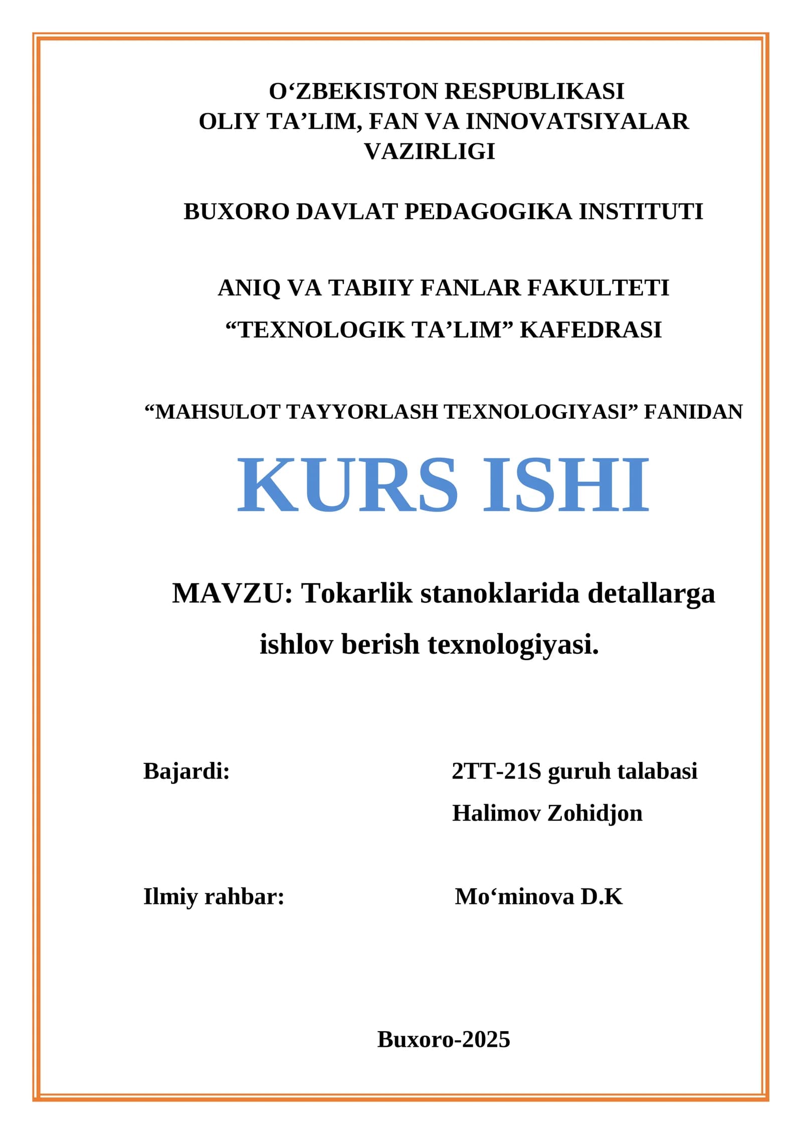 Tokarlik stanoklarida detallarga ishlov berish texnologiyasi