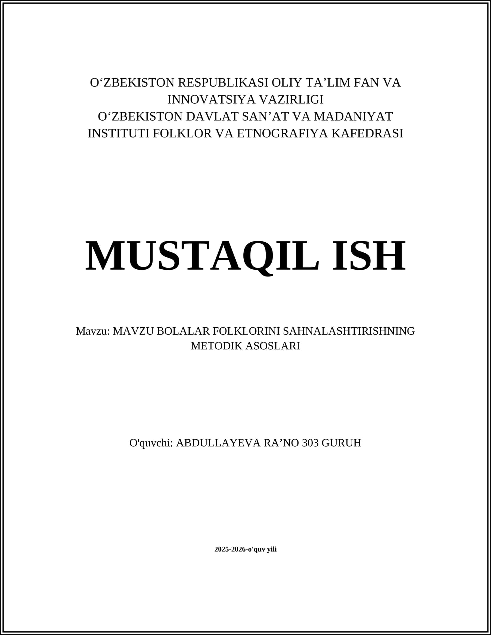 MAVZU BOLALAR FOLKLORINI SAHNALASHTIRISHNING METODIK ASOSLARI
