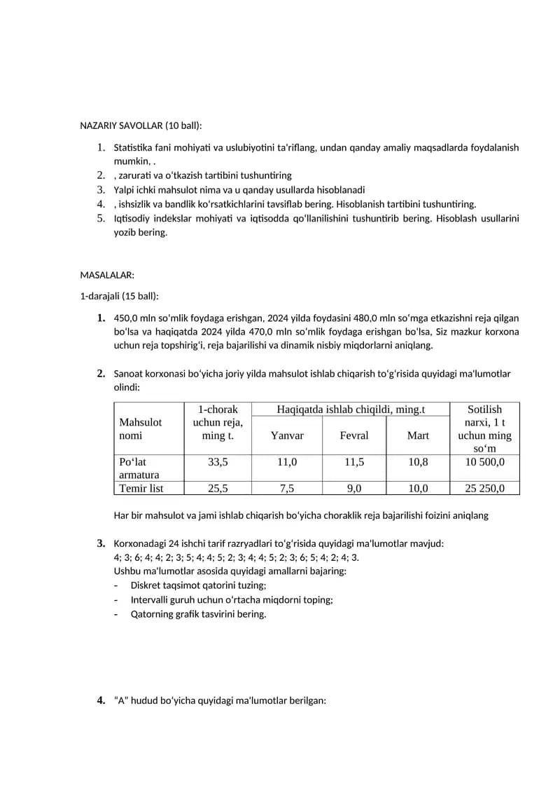 Statistika fanidan ma'lumot