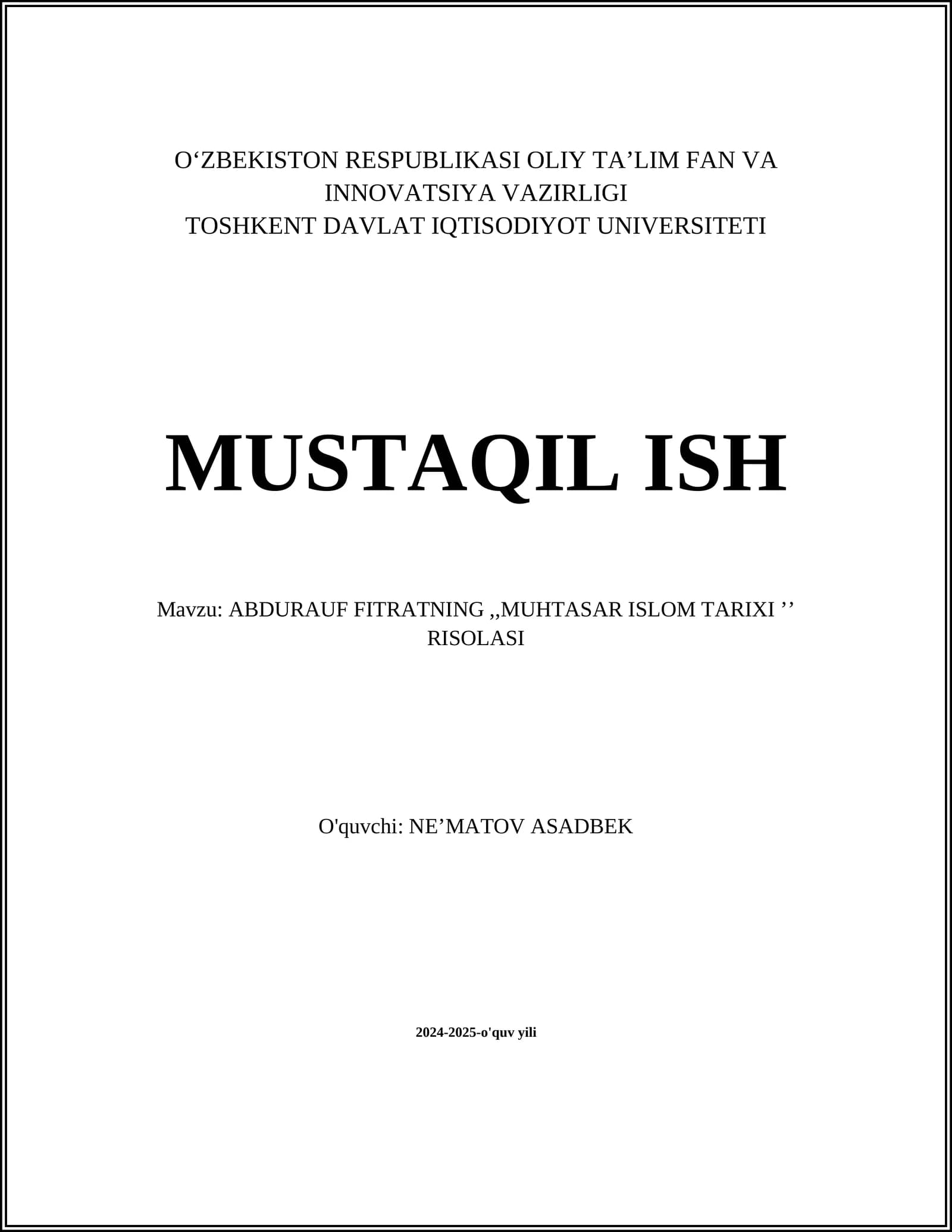 ABDURAUF FITRATNING,,MUHTASAR ISLOM TARIXI ʼʼ RISOLASI