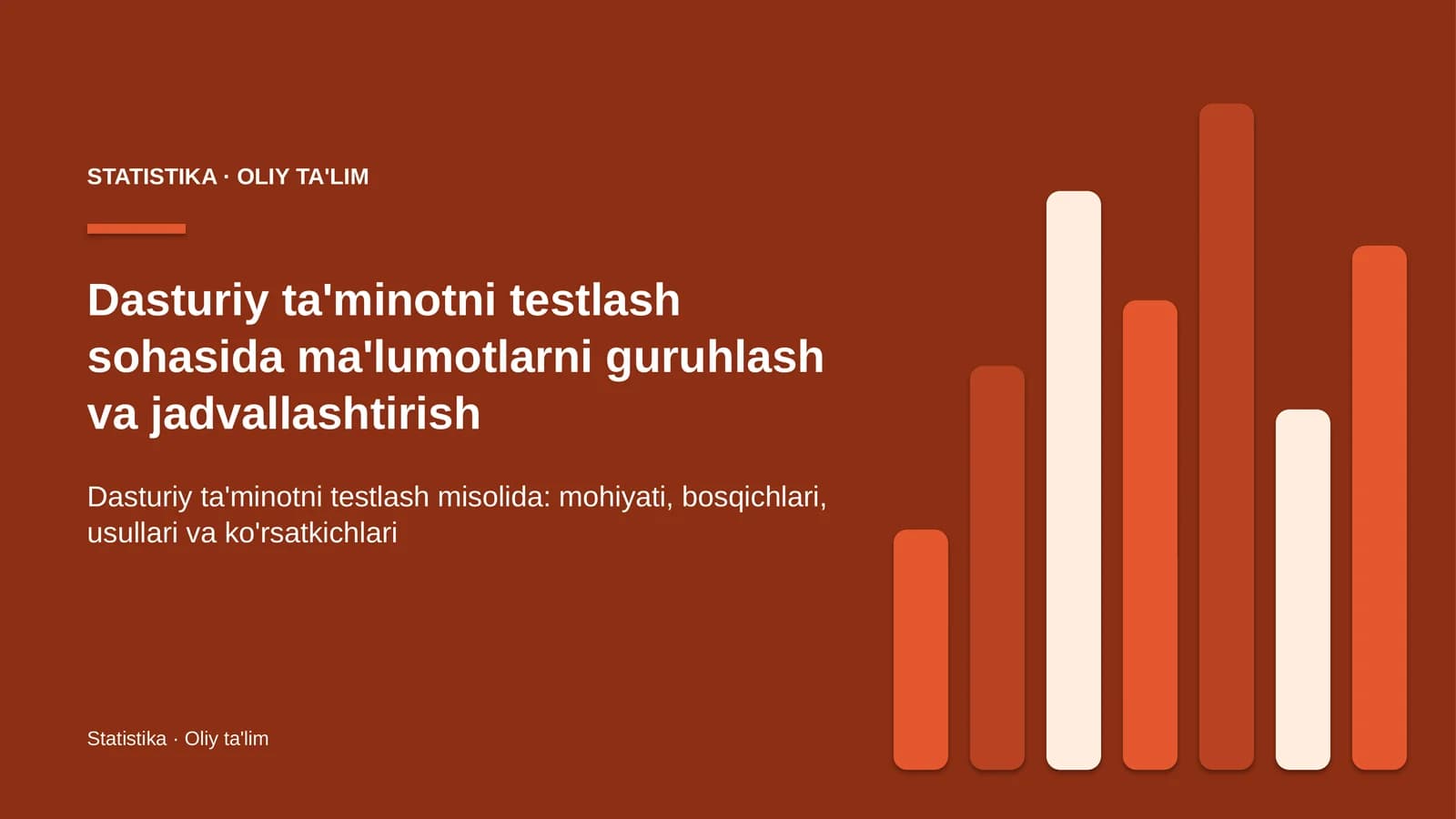 Dasturiy ta'minotni testlash sohasida ma'lumotlarni guruhlash va jadvallashtirish