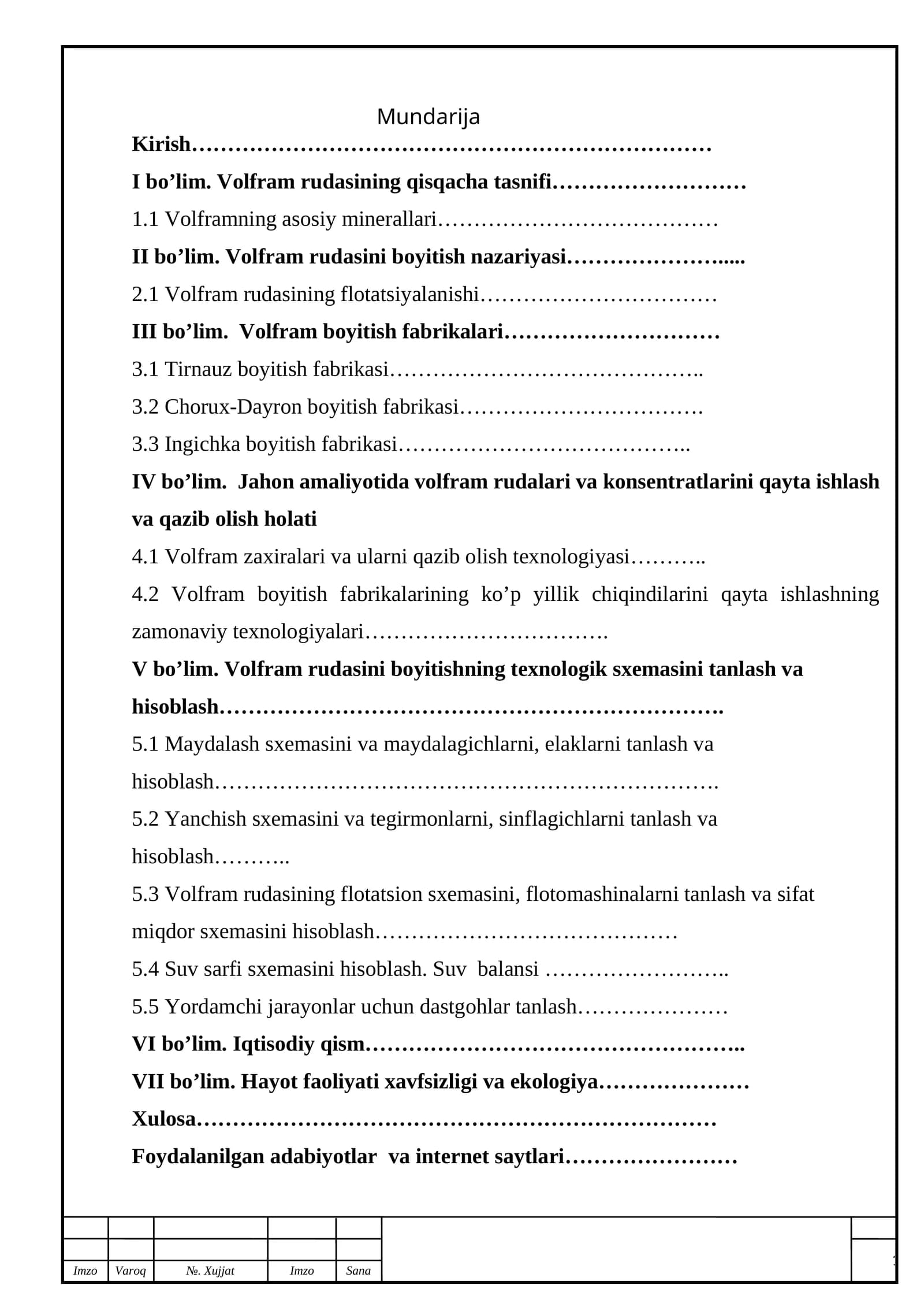 Volfram rudasini boyitishning texnologik sxemasini tanlash va hisoblash