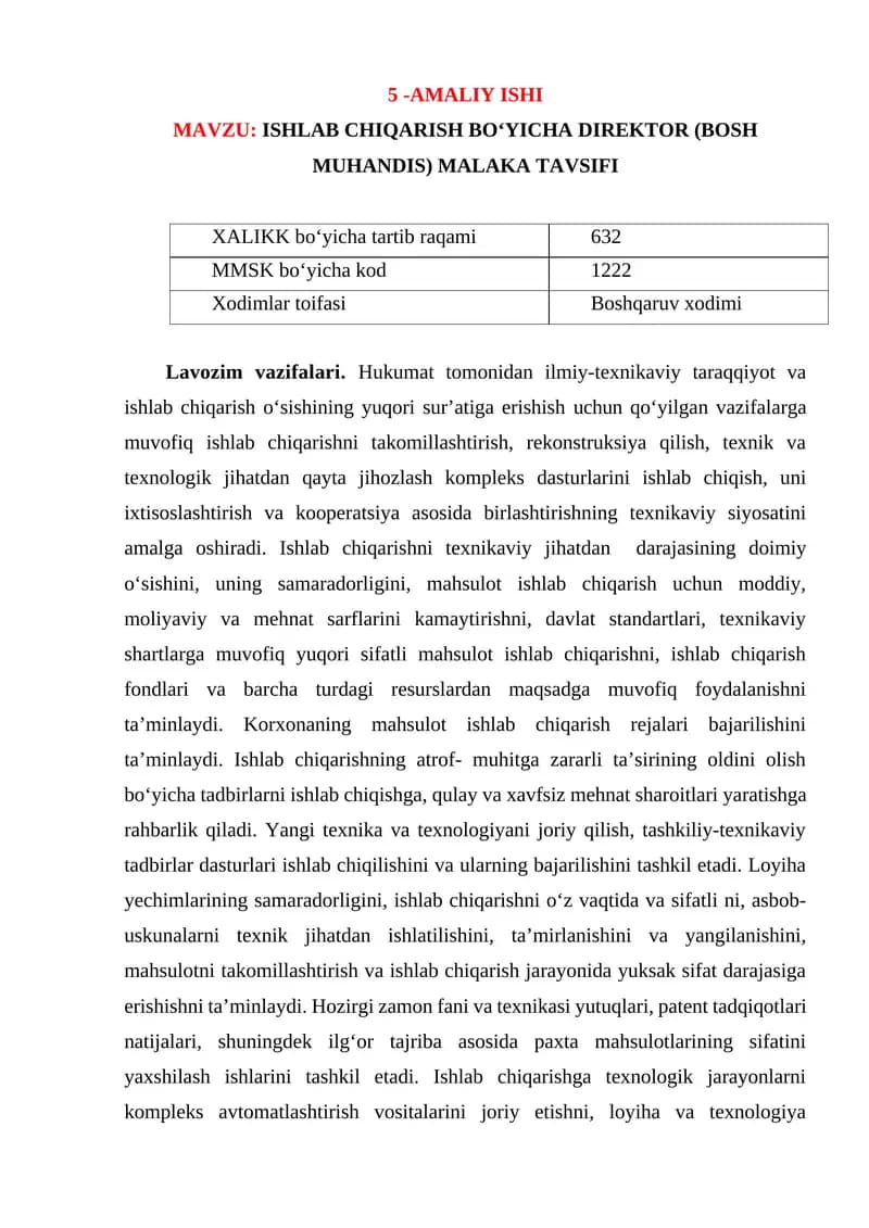 ISHLAB CHIQARISH BО‘YICHA DIREKTOR (BOSH MUHANDIS) MALAKA TAVSIFI