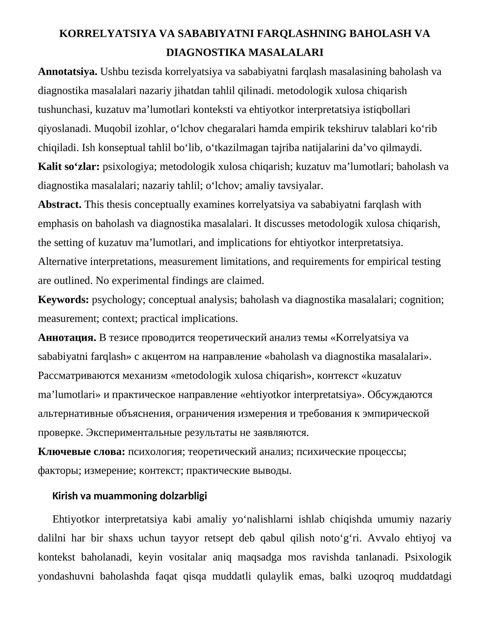 Korrelyatsiya va Sababiyatni Farqlashning Baholash va Diagnostika Masalalari