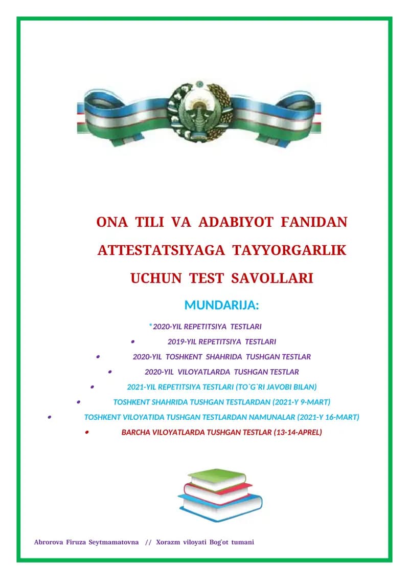 ONA TILI VA ADABIYOT FANIDAN ATTESTATSIYAGA TAYYORGARLIK UCHUN TEST SAVOLLARI