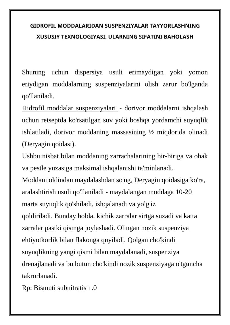 Hidrofil moddalaridan suspensiyalar tayyorlash