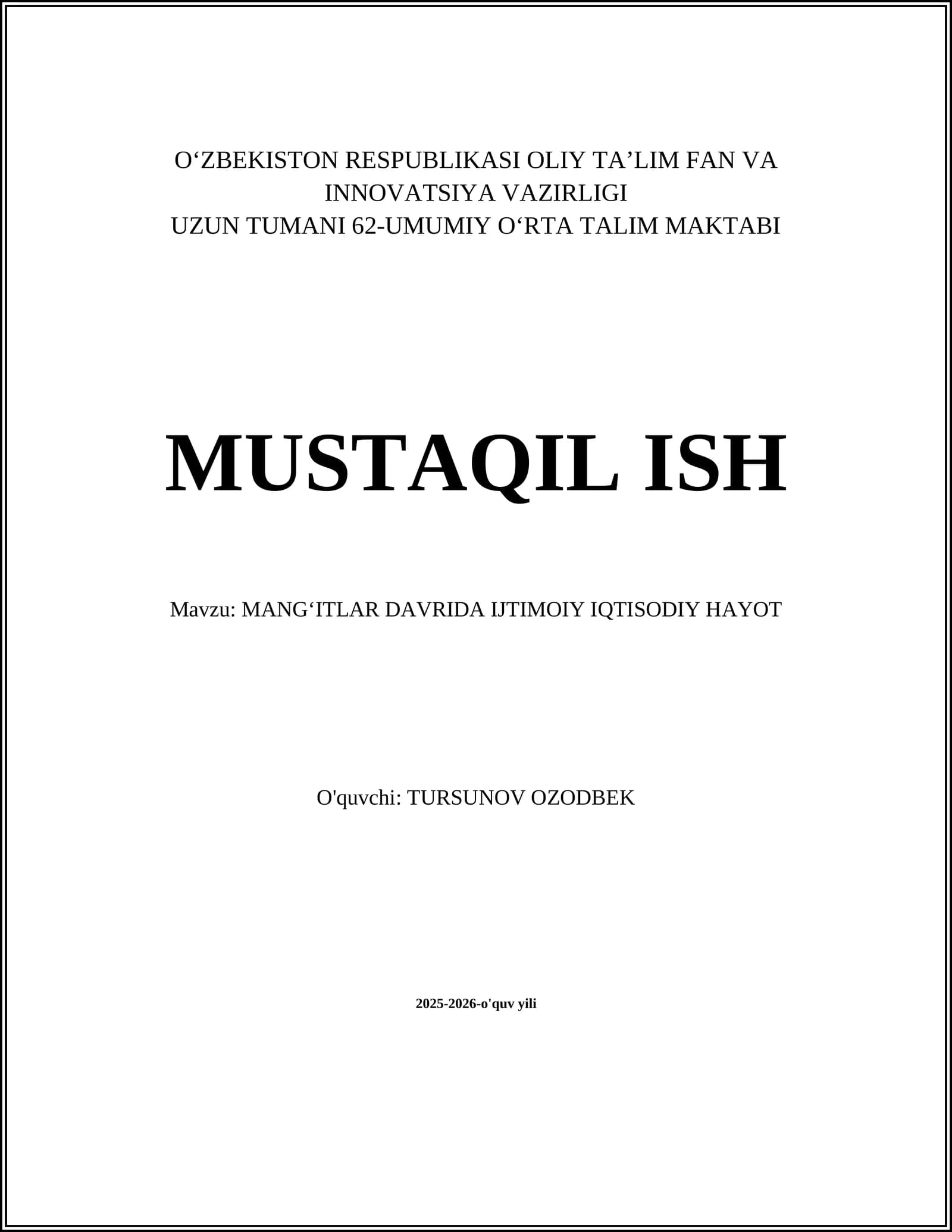 MANGʻITLAR DAVRIDA IJTIMOIY IQTISODIY HAYOT