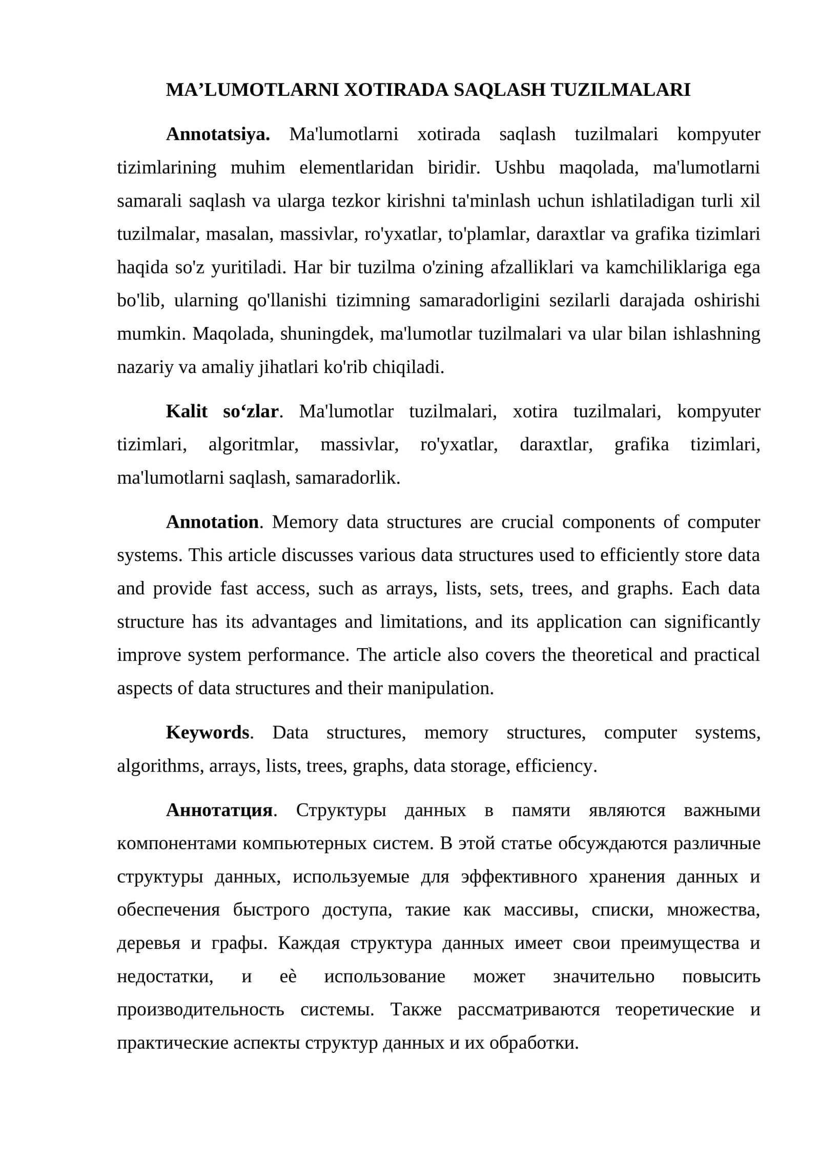 MA’LUMOTLARNI XOTIRADA SAQLASH TUZILMALARI