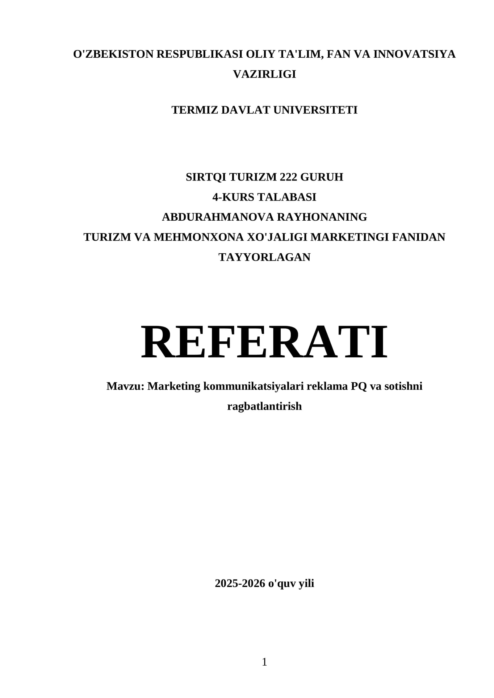 TURIZM VA MEHMONXONA XO'JALIGI MARKETINGI FANIDAN TAYYORLAGAN REFERATI