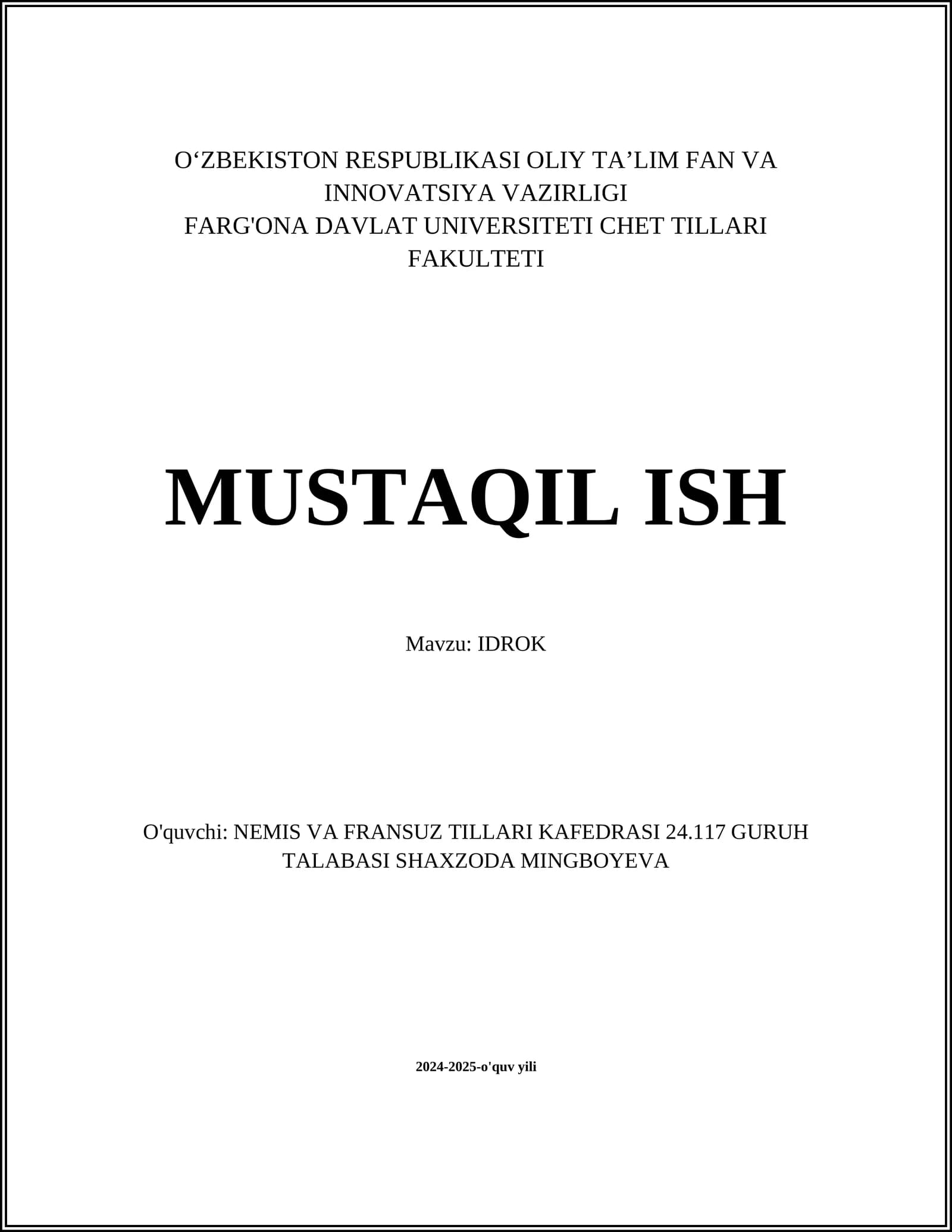 MUSTAQIL ISH Mavzu: IDROK