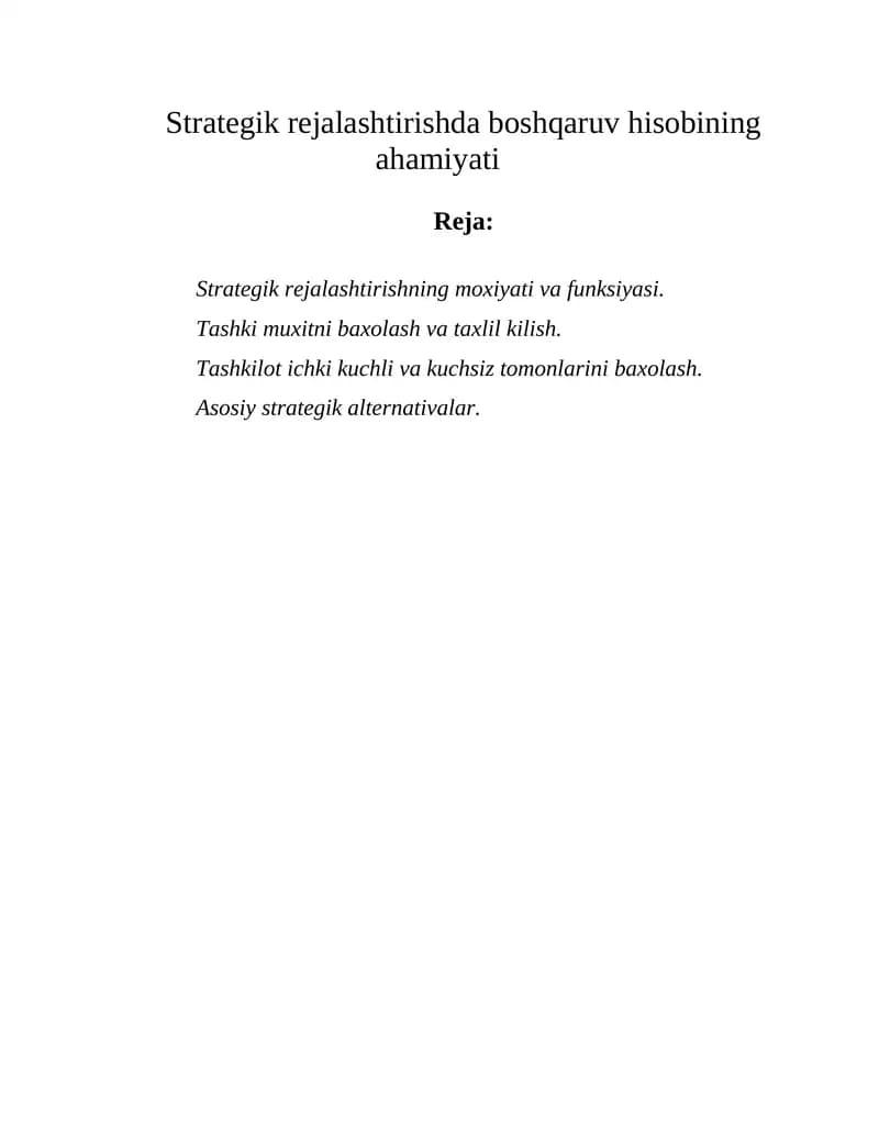 Strategik rejalashtirishda boshqaruv hisobining ahamiyati