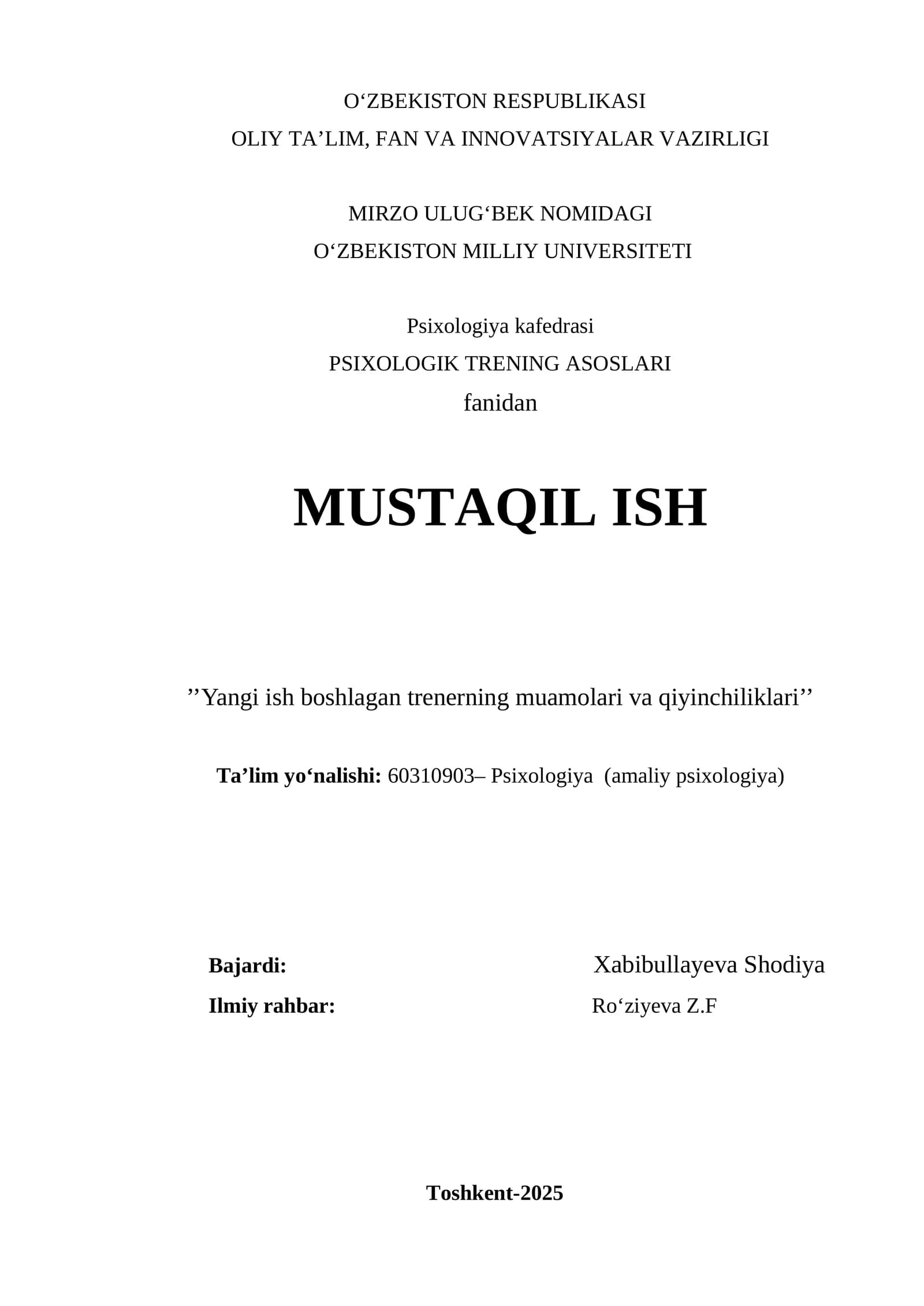 YANGI ISH BOSHLAGAN TRENER FAOLIYATINING PSIXOLOGIK ASOSLARI