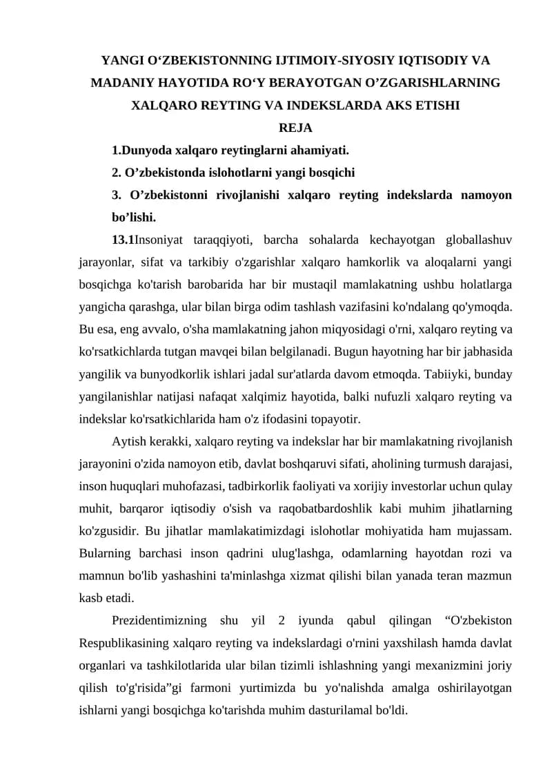 YANGI O‘ZBEKISTONNING IJTIMOIY-SIYOSIY IQTISODIY VA MADANIY HAYOTIDA RO‘Y BERAYOTGAN O’ZGARISHLARNING XALQARO REYTING VA INDEKSLARDA AKS ETISHI