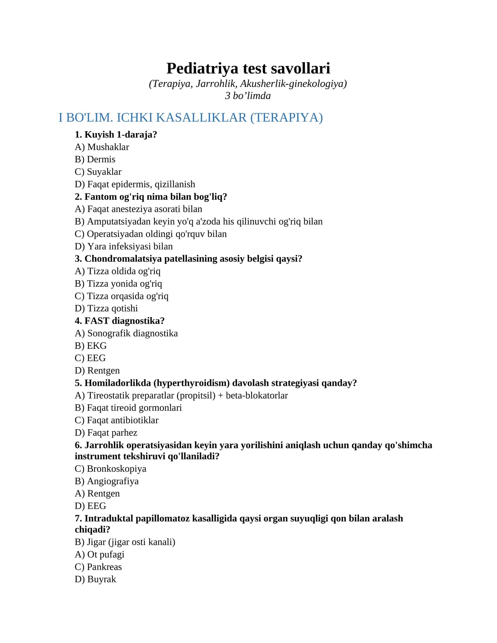 Pediatriya test savollari